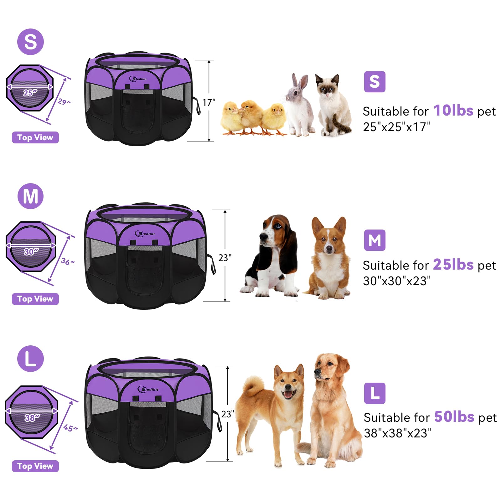 Dog Playpen, Puppy Pet Playpen, Dog Crate Tent Cage Indoor/Outdoor, Portable Pop Up Dogs Kennel Playpen with Carrying Case for Dogs/Cats/Rabbits, Purple, Medium