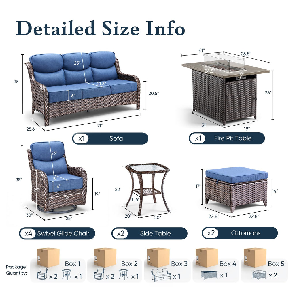 Luxury 6" Thick Cushioned 10 Pieces Patio Furniture Set with Fire Pit Table, Wicker Outdoor Conversation Set with High Back Swivel Rocker Chairs for Deck Porch Yard and Poolside - Brown+Blue