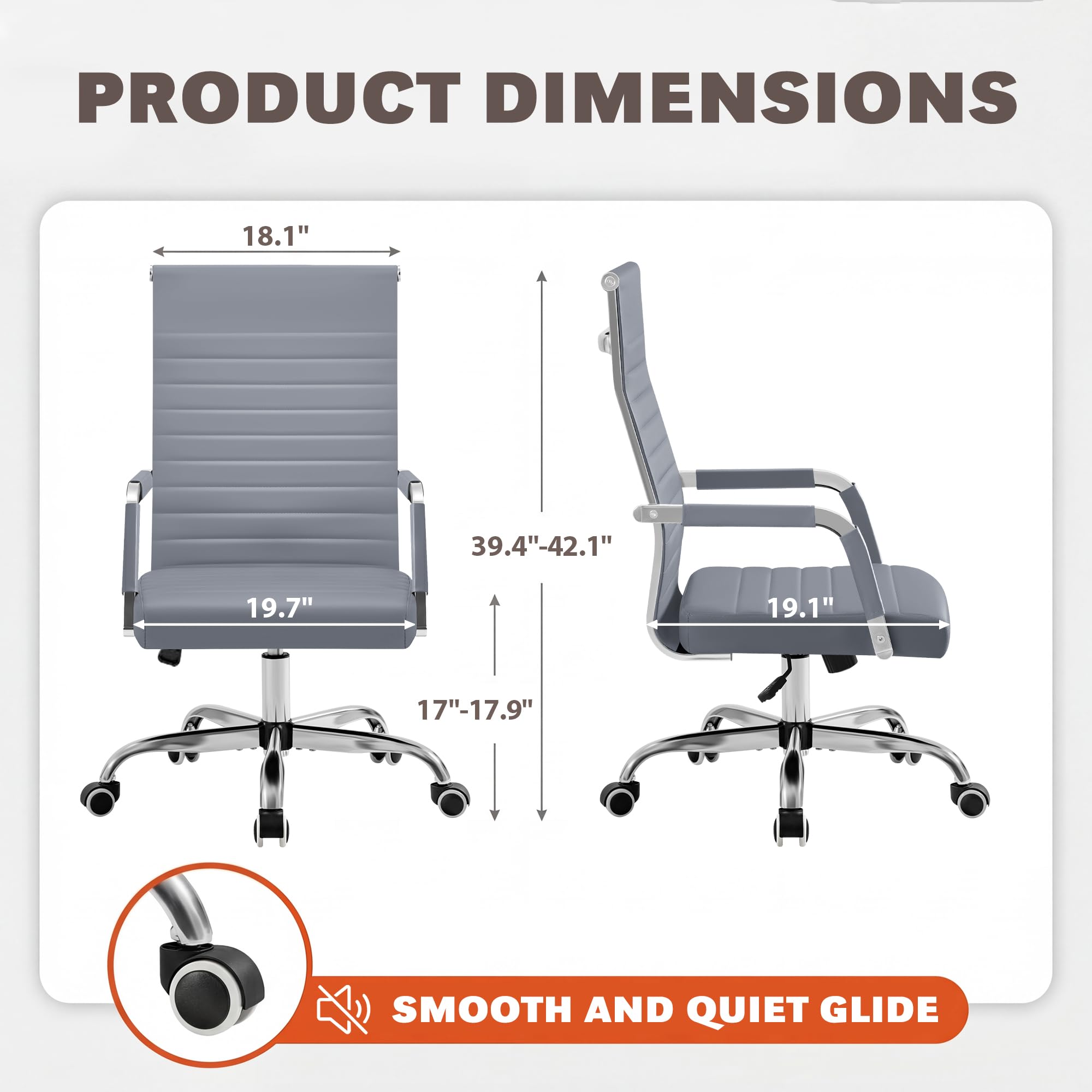 Ergonomic Office Desk Chair, Executive Ribbed Mid-Back PU Leather Conference Room Chair Adjustable Swivel Chair with Arms (2, Grey)