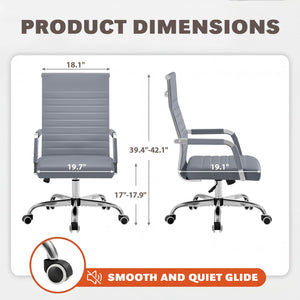 Ergonomic Office Desk Chair, Executive Ribbed Mid-Back PU Leather Conference Room Chair Adjustable Swivel Chair with Arms (2, Grey)
