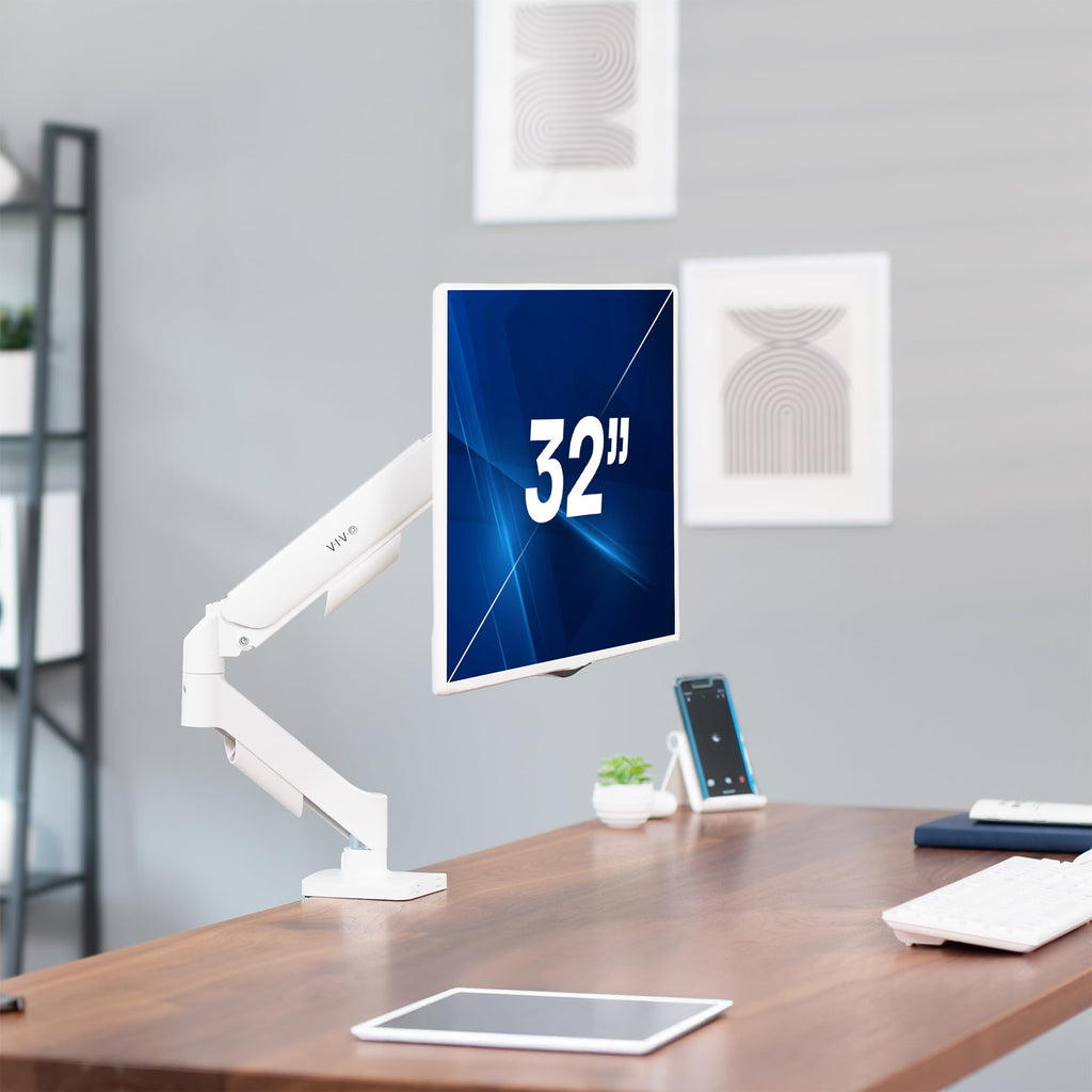 Single 17 to 32 inch Monitor Height Adjustable Counterbalance Mechanical Arm Desk Stand, Classic, Universal VESA Mount, White, STAND-V001OW