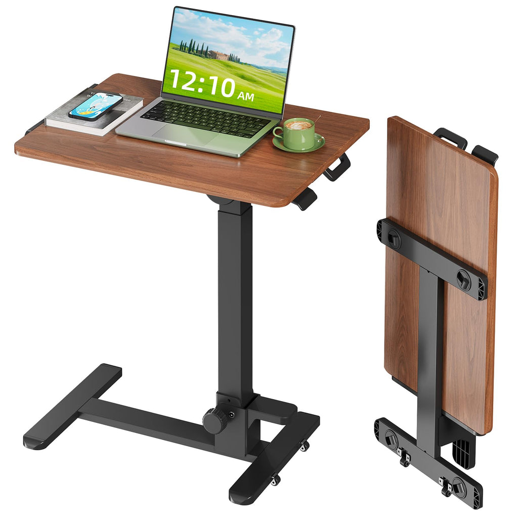 Foldable Mobile Standing Desk, 27 Inch Small Rolling Laptop Cart Height Adjustment, 90° Tiltable Bedside Table, No Assembly Needed Portable Computer Workstation, Dark Wood
