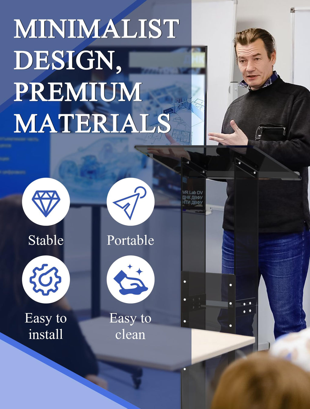 Podium Stand with Storage Shelf, 45.5" Modern Black Lectern with Reading Platform for Classroom, Weddings, Conference, Concert, Professional Presentation Podiums