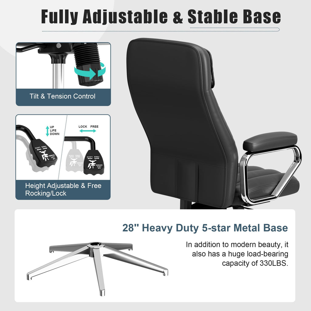 Executive Office Chair, Modern Leather Chair with Headrest & Lumbar Support, High Back Ergonomic Chair with Padded Armrests & Seat, Height Adjustable Swivel Rolling Chair for Home Office.