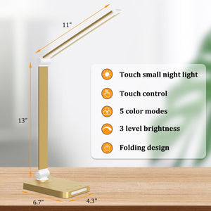 LED Desk Lamp with USB Ports,Touch Desk Lamps for Home Office with 5 Color Modes,3 Brightness Desk Light with Small Night Light,Reading Lamp Table Lamp for Bedroom Bedside Study Gold （with Adapter）