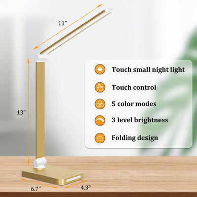 LED Desk Lamp with USB Ports,Touch Desk Lamps for Home Office with 5 Color Modes,3 Brightness Desk Light with Small Night Light,Reading Lamp Table Lamp for Bedroom Bedside Study Gold （with Adapter）