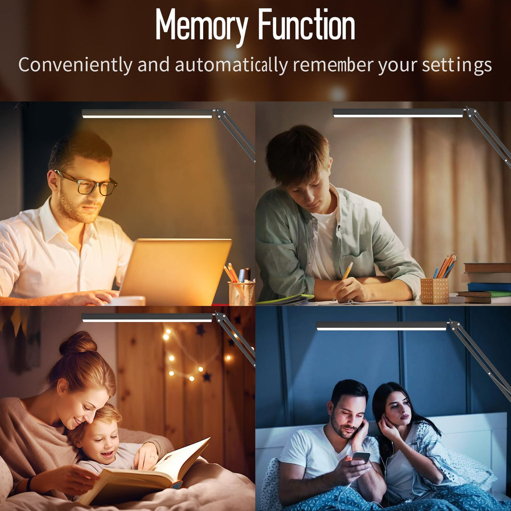 LED Desk Lamp, Manicure Table Lamp, Eye-Caring Drafting Light, Dimmable Office Table Lamp with 3 Color Modes, 10 Brightness Levels & Adapter, Memory Function(Black)