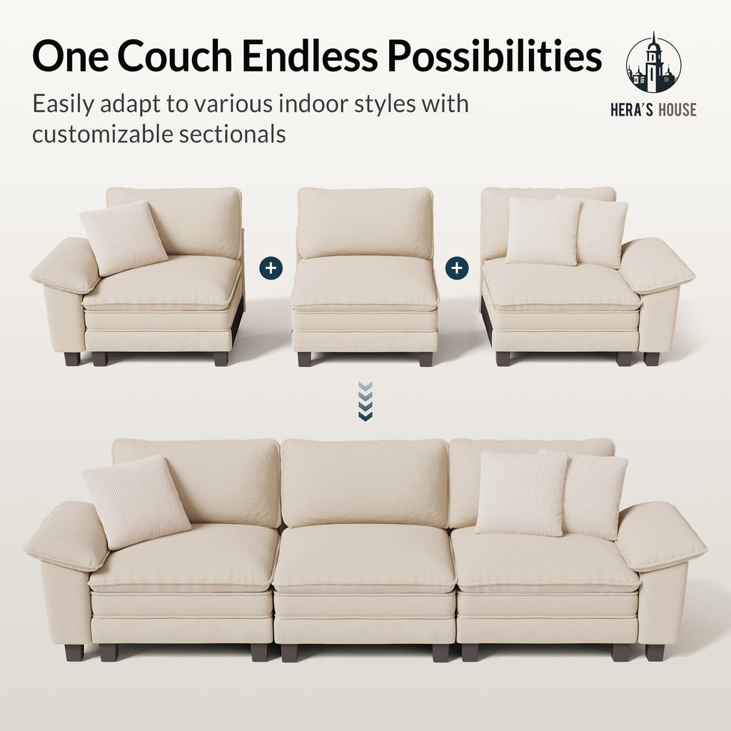 158" Modular Sectional Sofa, Oversized Couches for Living Room, Comfy Cloud Couch 4-Seater Deep Seat Sofa with Throw Pillow, Chenille Beige
