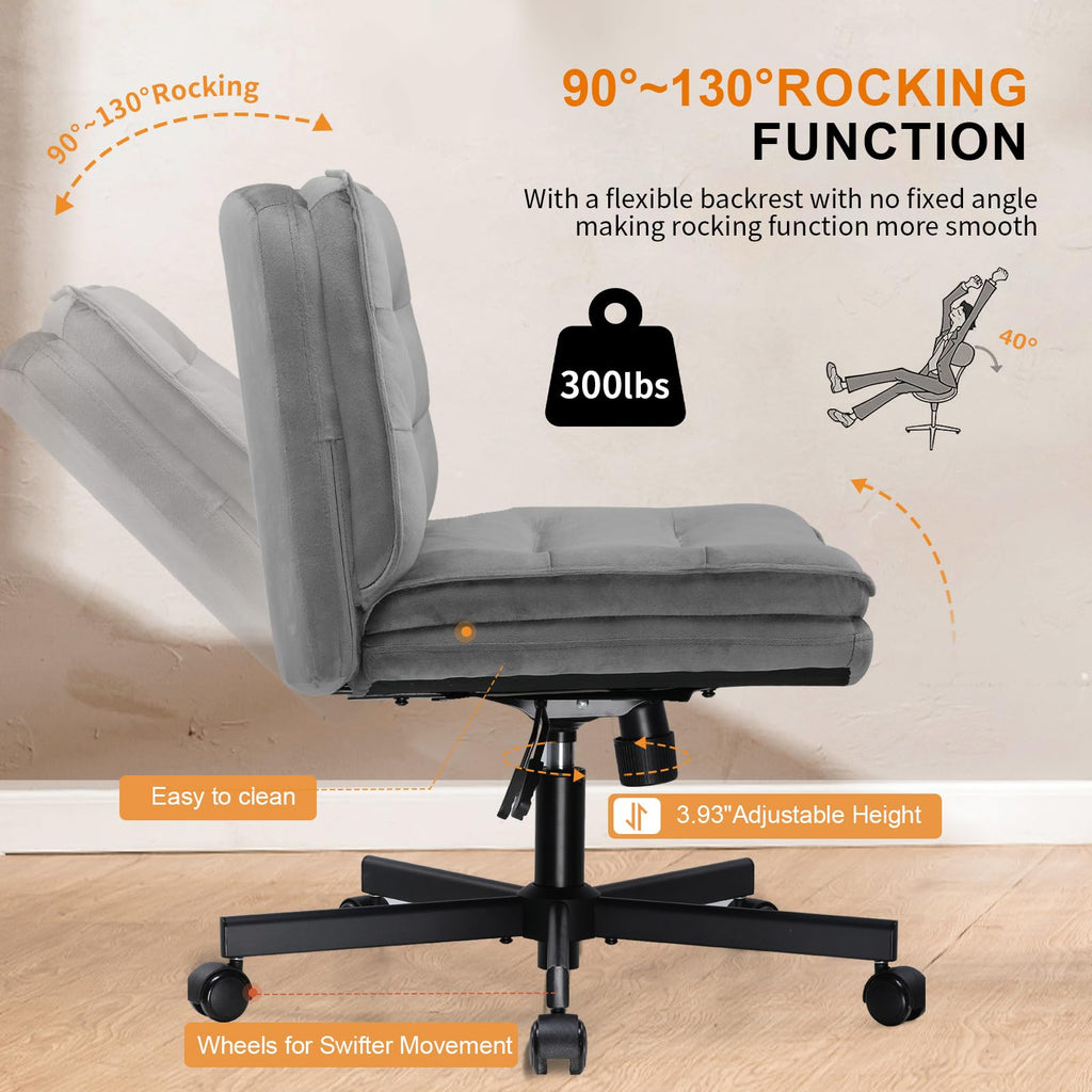 Cross Legged Office Chair with Wheels Armless-Office Desk Chair, Modern Vanity Computer Task Chairs for Home Bedroom, Comfortable Wide Seat for Lower Back Pain Relief, Soft Velvet, Gray