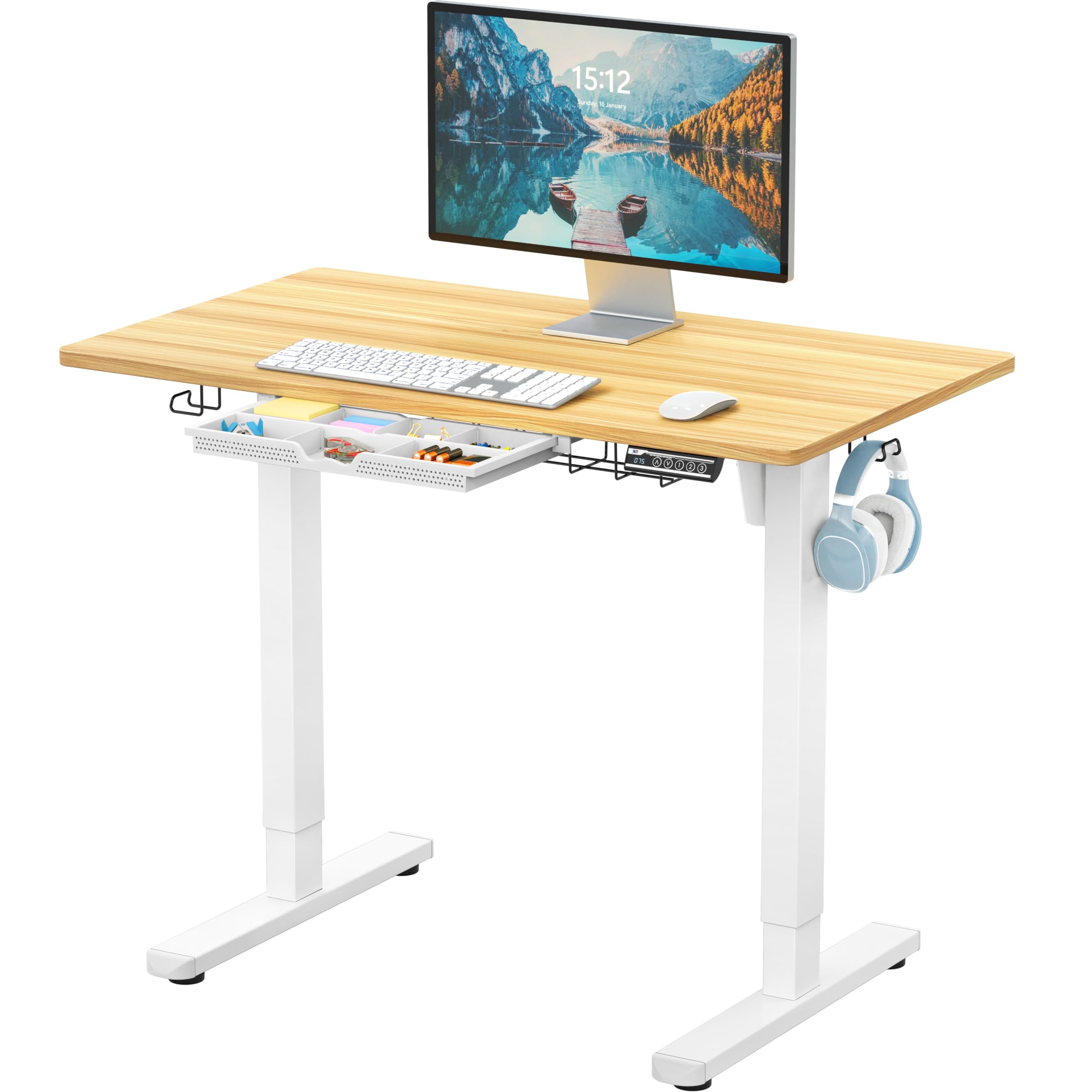 40-Inch Electric Height Adjustable Standing Desk with Drawer, Memory Preset and Cable Management Tray, Oak