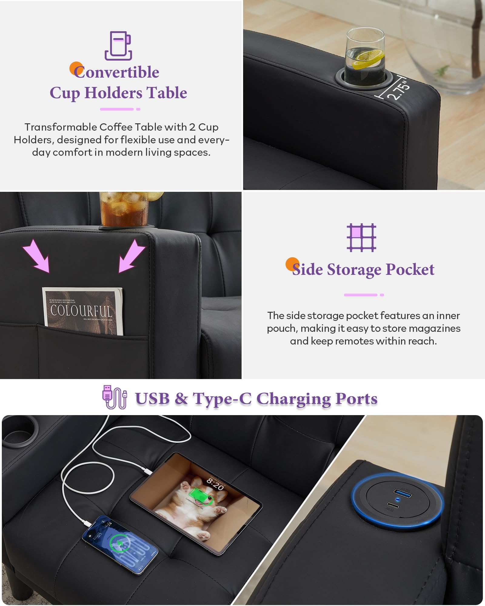 Sofa Couch 62" W Loveseat w/ 2 USB Charger Ports & 2 Cupholders, Mid-Century Modern Black LeatherTufted Small Love Seat Couches for Office,Compact Living Room,Bedroom,Apartment,Dorm (2)