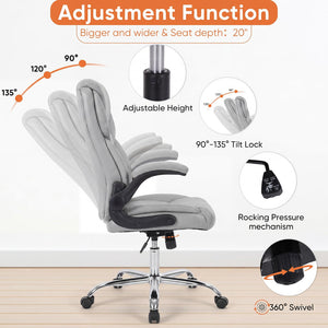 Office Computer Gaming Chair, Ergonomic High Back Heavy Duty Task Desk Chairs with Wheels, Flip-up Arms, Adjustable Height, PU Leather, Grey