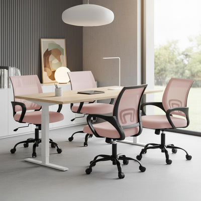 Office Desk Chair - Ergonomic Mid Back with Lumbar Support & Rocking Mode, Height Adjustable with Fixed Armrest, Storage Back for Computer, Gaming, Conference, Meeting Room, 360° Swivel, Pink