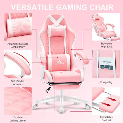 Pink Gaming Chair,Ergonomic Massage Computer Office Desk Chai r with Footrest,Pocket Spring Cushion,Reclining Leather Adjustable Gamer Chair with Headrest and Lumbar Support,Pink