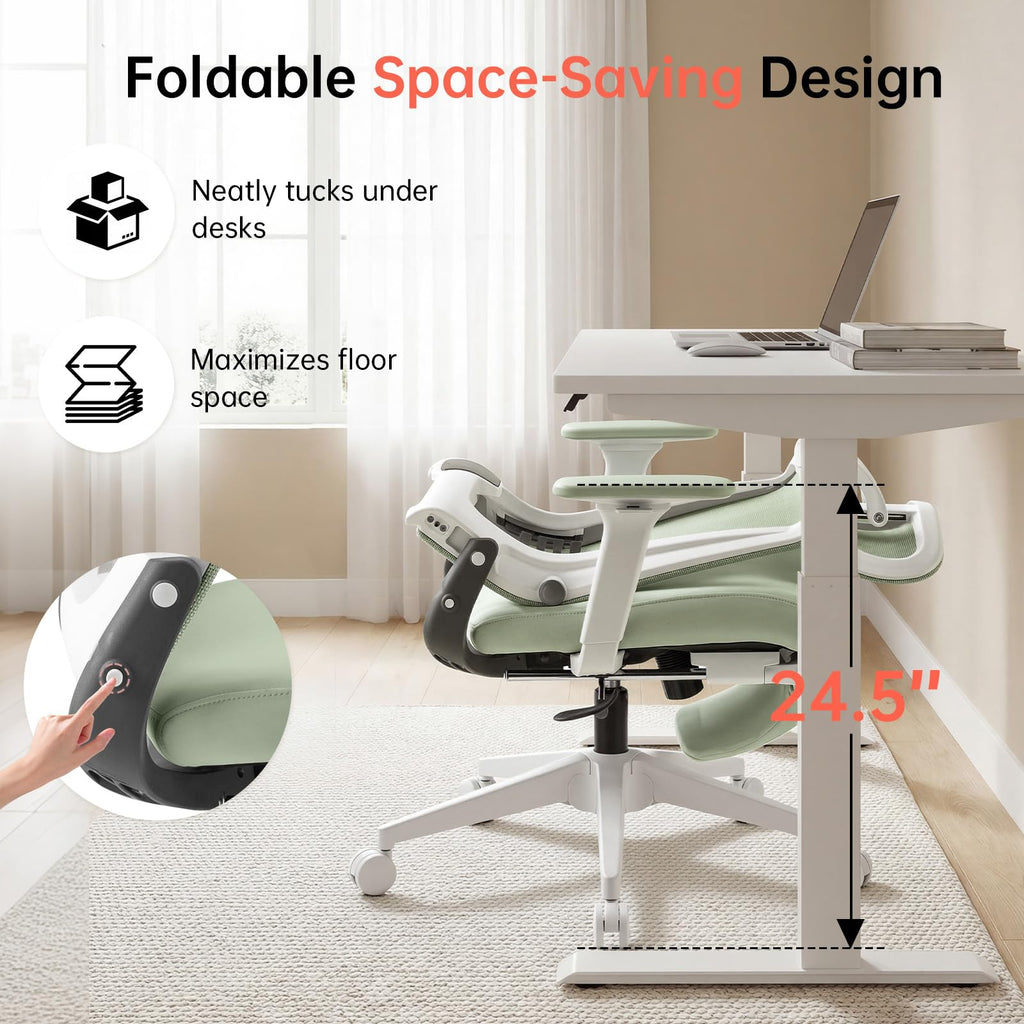 Foldable Office Chair with Foot Rest, Ergonomic Office Chair with Adjustable Lumbar Support, Headrest, Armrest, Home Office Desk Chair for Space Saving, Work from Home, Green