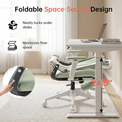 Foldable Office Chair with Foot Rest, Ergonomic Office Chair with Adjustable Lumbar Support, Headrest, Armrest, Home Office Desk Chair for Space Saving, Work from Home, Green
