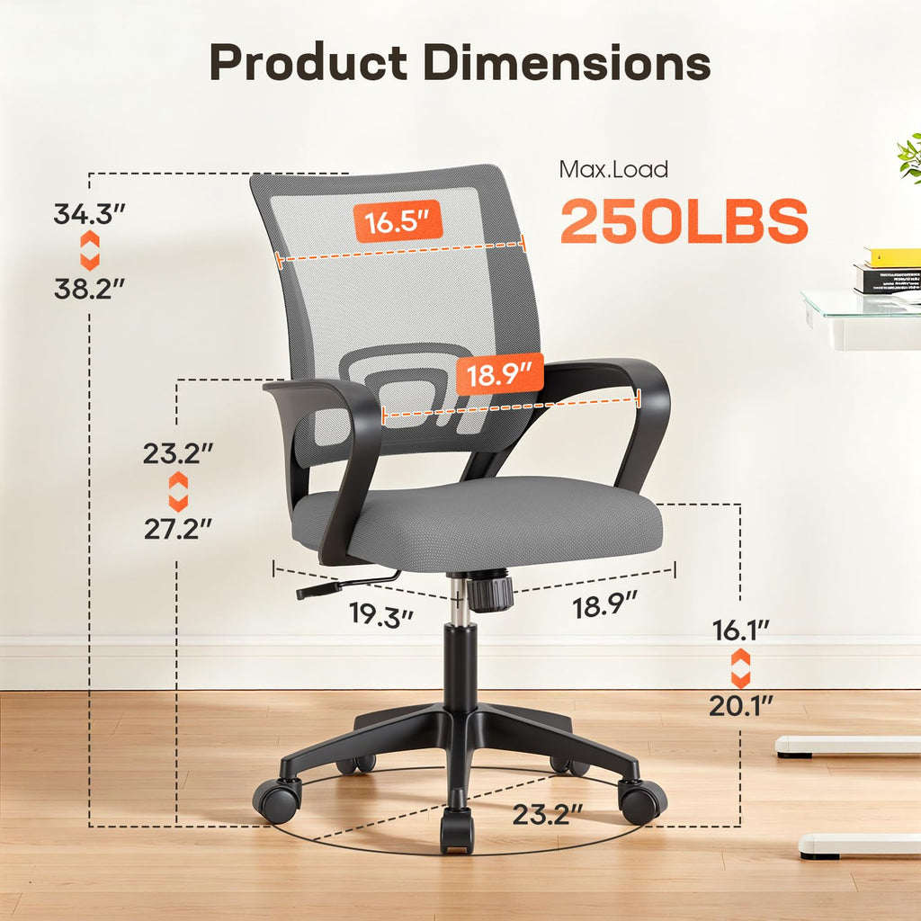 Ergonomic Office Chair | Mid-Back Swivel Desk Chair | Breathable Backrest & Lumbar Support | Adjustable Height | Sponge Seat | Rolling Wheels | Grey | for Adults & Women