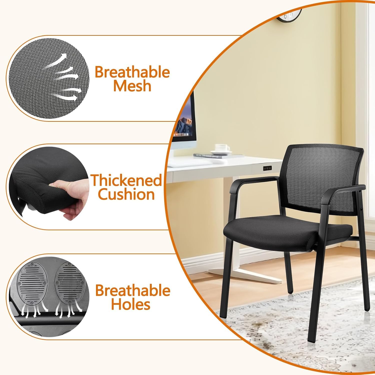 Black 8 Pack Set, Mesh Back Stacking Arm Chairs with Upholstered Fabric Seat and Ergonomic Lumbar Support for Office School Church Guest Reception , New Version