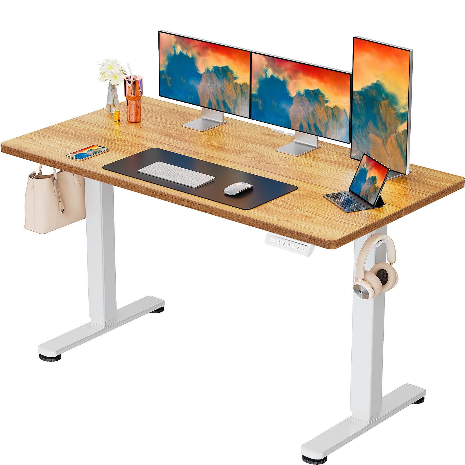 Height Adjustable Electric Standing Desk, 55 x 28 Inches Sit Stand up Desk, Memory Computer Home Office Desk, Light Vintage Brown