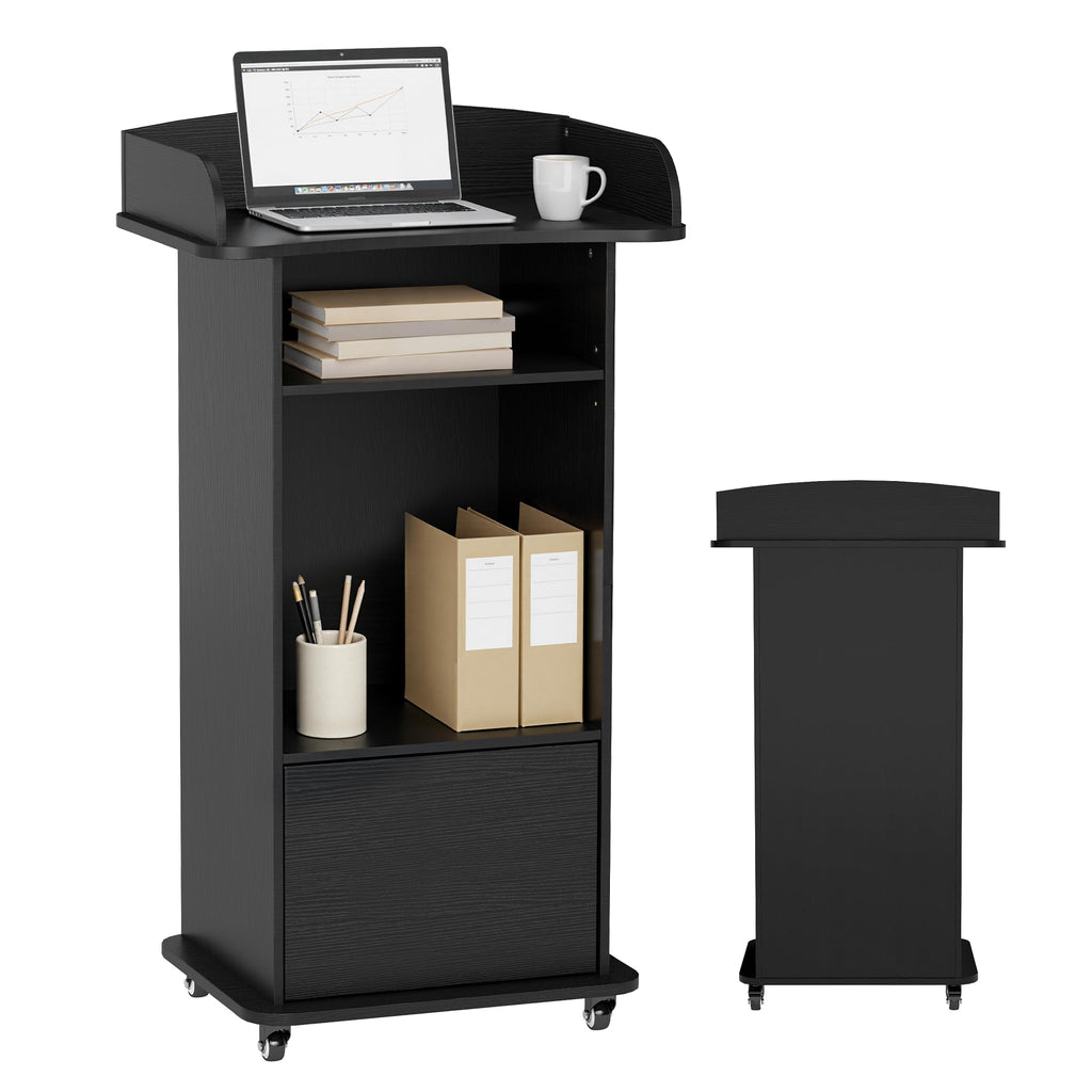 Podium Stand with Metal Wheels Wooden Lectern Podium Stand Portable Pulpit Standing with Storage Mobile Reception Podiums Desk for Church Office School Conference Restaurant Meeting, Black
