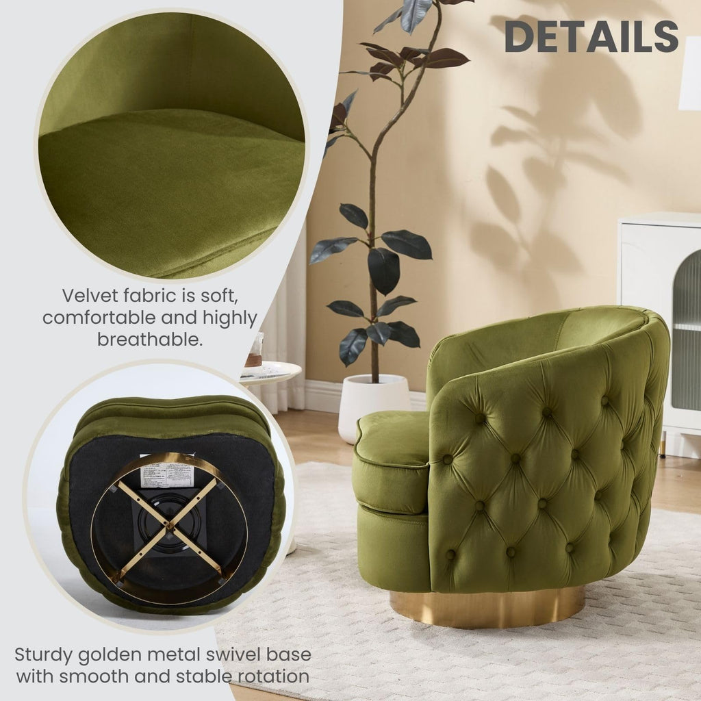 360 Degree Swivel Barrel Accent Chair Set of 2, Modern Tufted Velvet Upholstered Round Arm Chair with Tall Backrest, Side Reading Seat for Living Room, Green