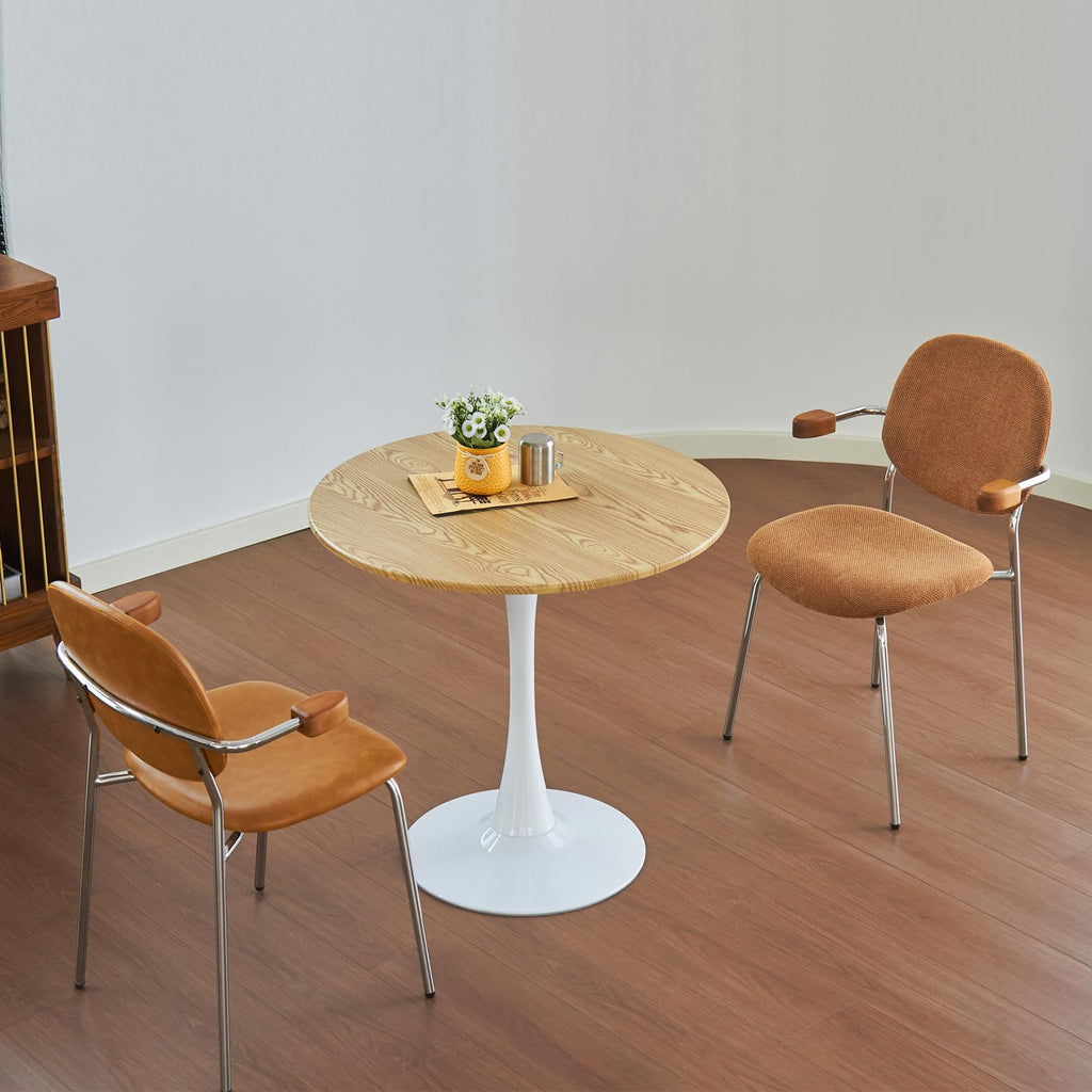 Round Dining Table, 24" Circle Tulip Table with Thickened Tabletop & Metal Pedestal, Mid Century Modern Bistro Table for Kitchen, Small Places, Living Room, Cafe (Light Brown)