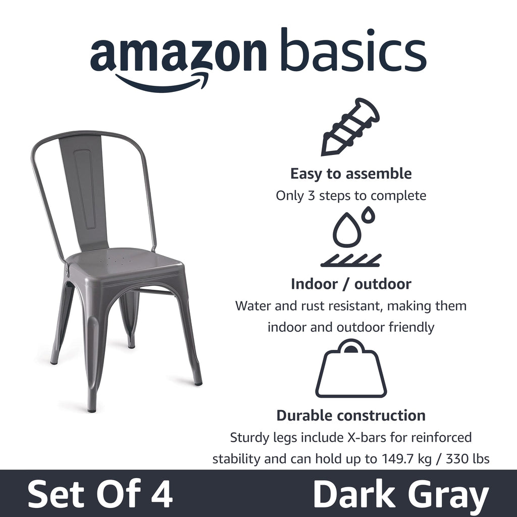 Metal Dining Chairs, Easy to Assemble, Indoor/Outdoor, Stackable, 330-Pound Capacity, Dark Gray, 4-Pack, 20.1 x 17.1 x 33.5 inches
