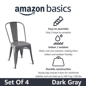 Metal Dining Chairs, Easy to Assemble, Indoor/Outdoor, Stackable, 330-Pound Capacity, Dark Gray, 4-Pack, 20.1 x 17.1 x 33.5 inches
