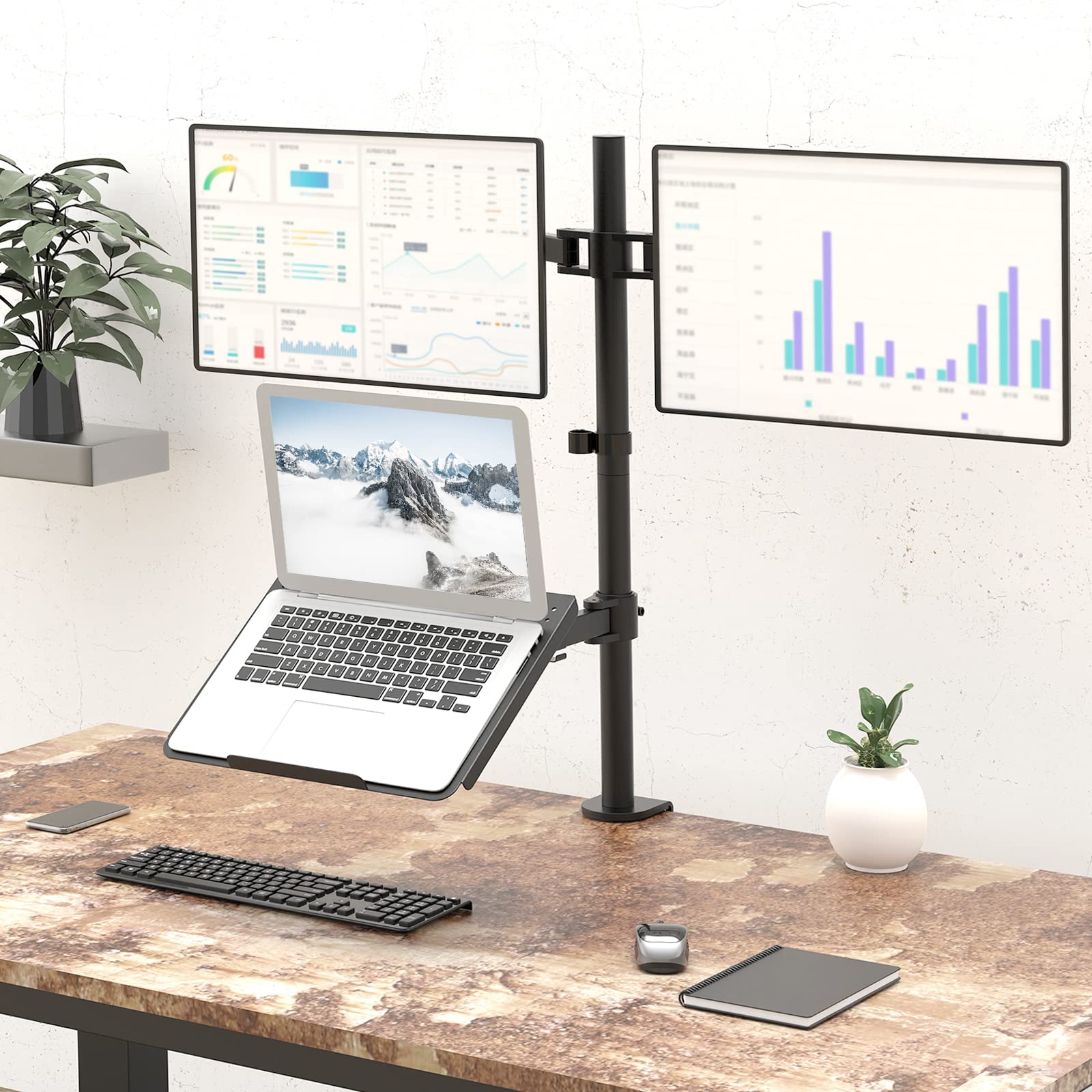Triple Arm Laptop and Dual Monitor Desk Mount for 17" Notebook and Up to 27" Screens, Extra Tall Adjustable Monitor Stand with Laptop Tray, VESA 75x75 100x100, Black (M002XLLP)