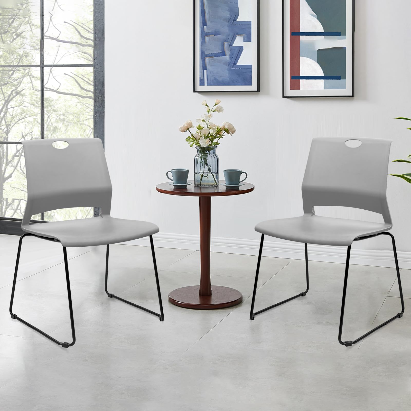 Set of 12, Gray, Stackable Guest Reception Chairs, Stacking Office Chair with Ergonomic Lumbar Support & Metal Legs, Plastic Desk Chairs for Conference School Church Waiting Meeting Break Room