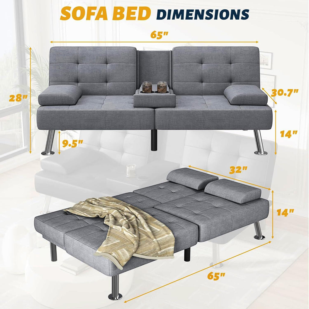 Sofa Bed Adjustable Futon Couch Sleeper Sofa Bed for Living Room, Business Office, Recliner Sofas with Cup Holders (Fabric, Gray)