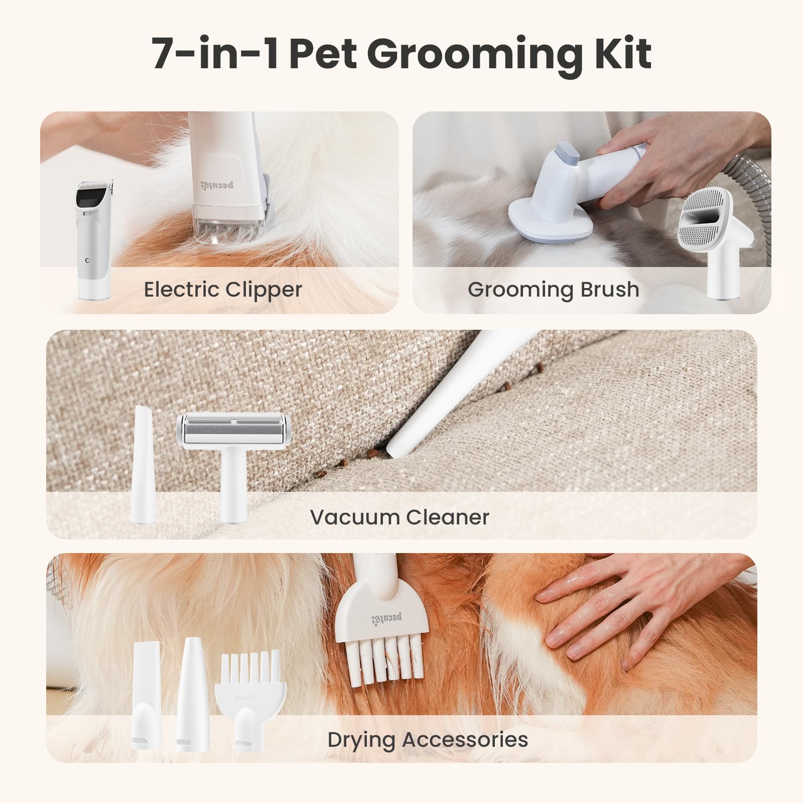 Dog Grooming Vacuum & Dryer, 7-in-1 Pet Grooming Kit with Clipper, 10000Pa Dog Vacuum for Shedding Grooming, Adjustable Speed & Temp, 55dB Low Noise,1.7L Dust Cup