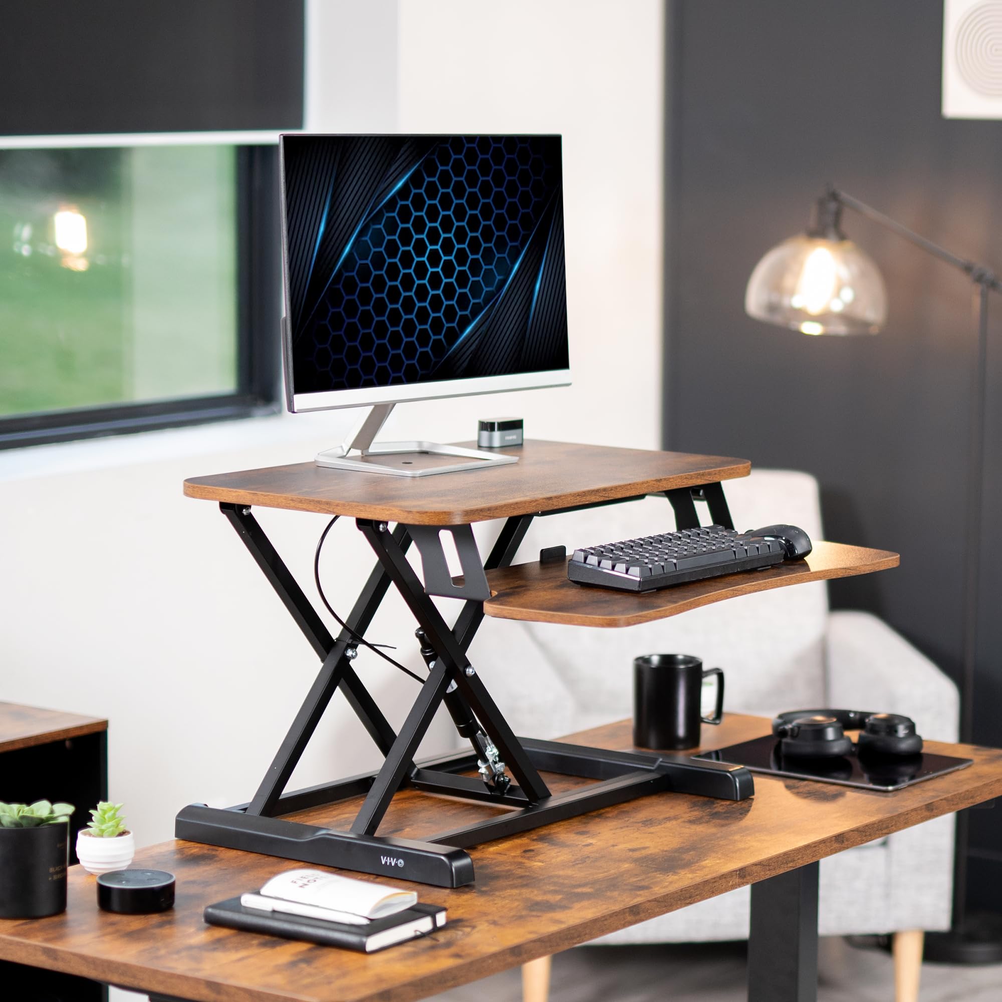 26 inch Desk Converter, K Series, Height Adjustable Sit to Stand Riser, Dual Monitor and Laptop Workstation with Keyboard Tray, Rustic Vintage Brown Top, Black Frame, DESK-V026KN