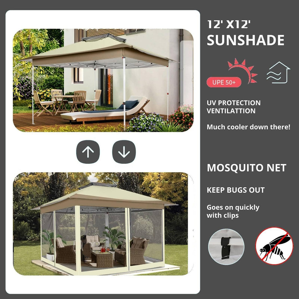 12x12 Pop Up Gazebo On Clearance - Upgrade Easy Up Metal Outdoor Canopy Waterproof - Portable Gazebo with Mosquito Nettings, 4 Ropes 8 Stakes and Carry Bag for Patio Garden(Khaki)