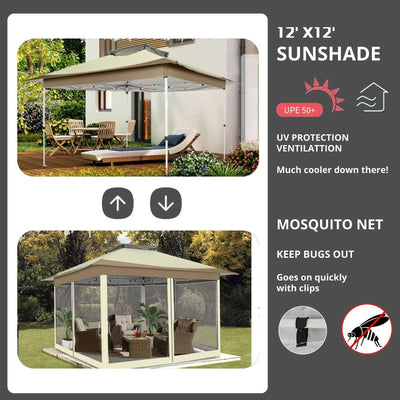 12x12 Pop Up Gazebo On Clearance - Upgrade Easy Up Metal Outdoor Canopy Waterproof - Portable Gazebo with Mosquito Nettings, 4 Ropes 8 Stakes and Carry Bag for Patio Garden(Khaki)