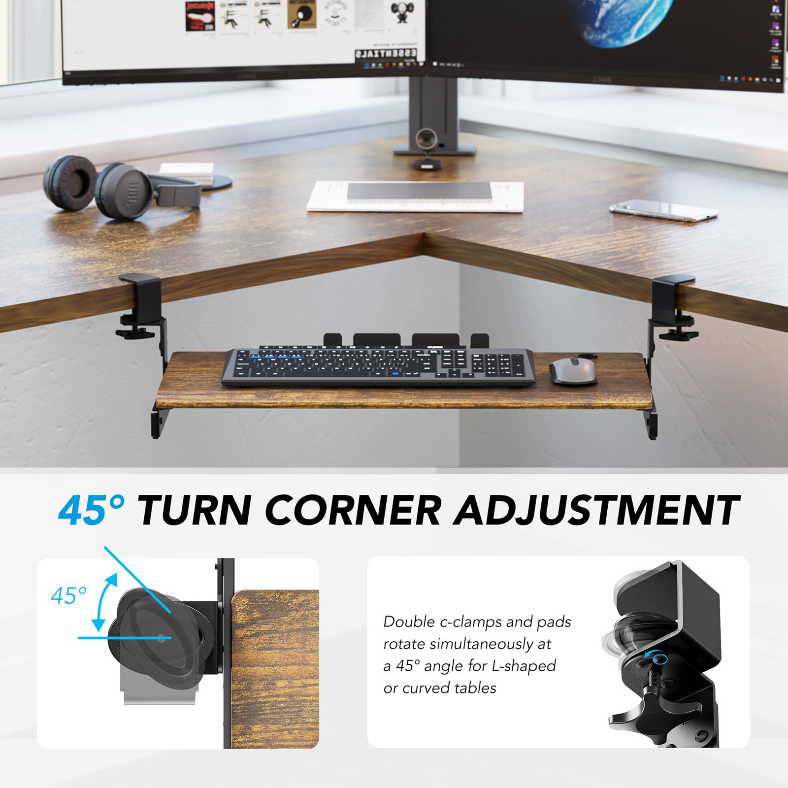 Keyboard Tray Under Desk Pull Out with Extra Sturdy C Clamp Mount System, 27.3 (32.5 inch Including Clamps) x 11 Inch Slide-Out Platform