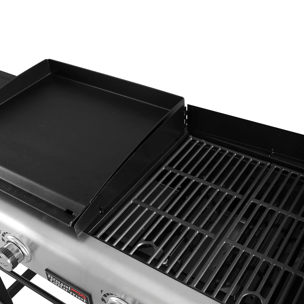 4-Burner Propane Gas Grill and Griddle Combo with Cover, Griddle Grill Combo with 48,000 BTUs Output for Outdoor Cooking While Camping or Tailgating, Black & Silver