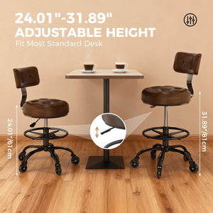 Office Drafting Chair with Footrest, Tall Height Adjustable Stool with Back Support, Heavy Duty Rolling Stool Chair with Wheels for Office Home Kitchen Bar Shop Guitar Studio Vanity, Brown