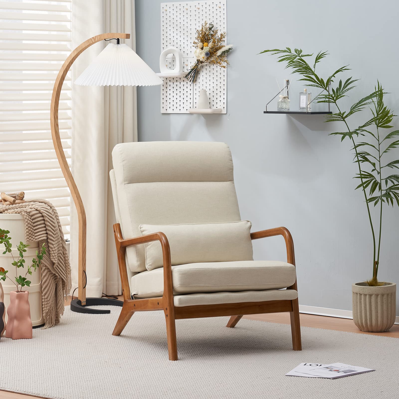 High Back Beige Accent Chairs Set of 2, Upholstered Mid Century Modern Lounge Fabric Chairs Reading Chairs Side Sitting Chair Solid Wood Farmhouse Armchairs for Living Room, Bedroom, Guest Room