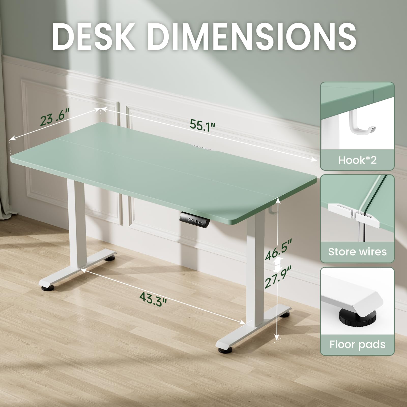 55 Inch Large Electric Standing Desk, 4 Memory Heights Adjustable,Sit to Stand Up, Work Home Office Computer Table for Study, Walking Pad, Writing, and Games, Wooden Desktop Desks, Green