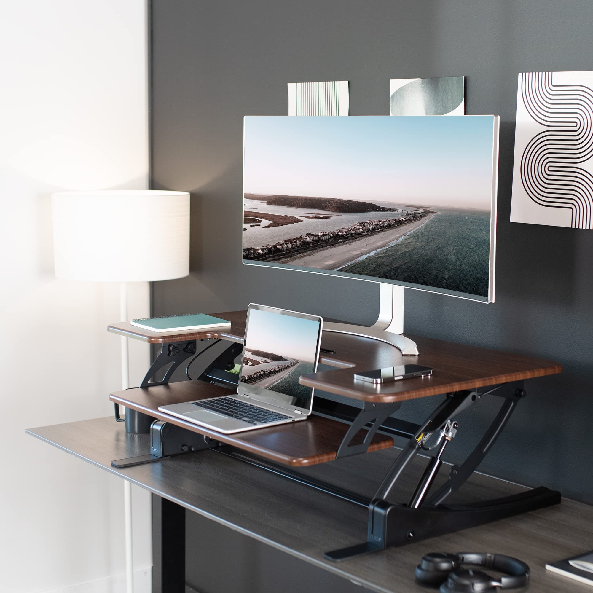 42 inch Height Adjustable Stand Up Desk Converter, V Series, Quick Sit to Stand Tabletop Dual Monitor Riser Workstation, Dark Walnut Top, Black Frame, DESK-V000VLD