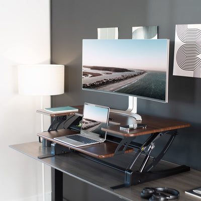 42 inch Height Adjustable Stand Up Desk Converter, V Series, Quick Sit to Stand Tabletop Dual Monitor Riser Workstation, Dark Walnut Top, Black Frame, DESK-V000VLD