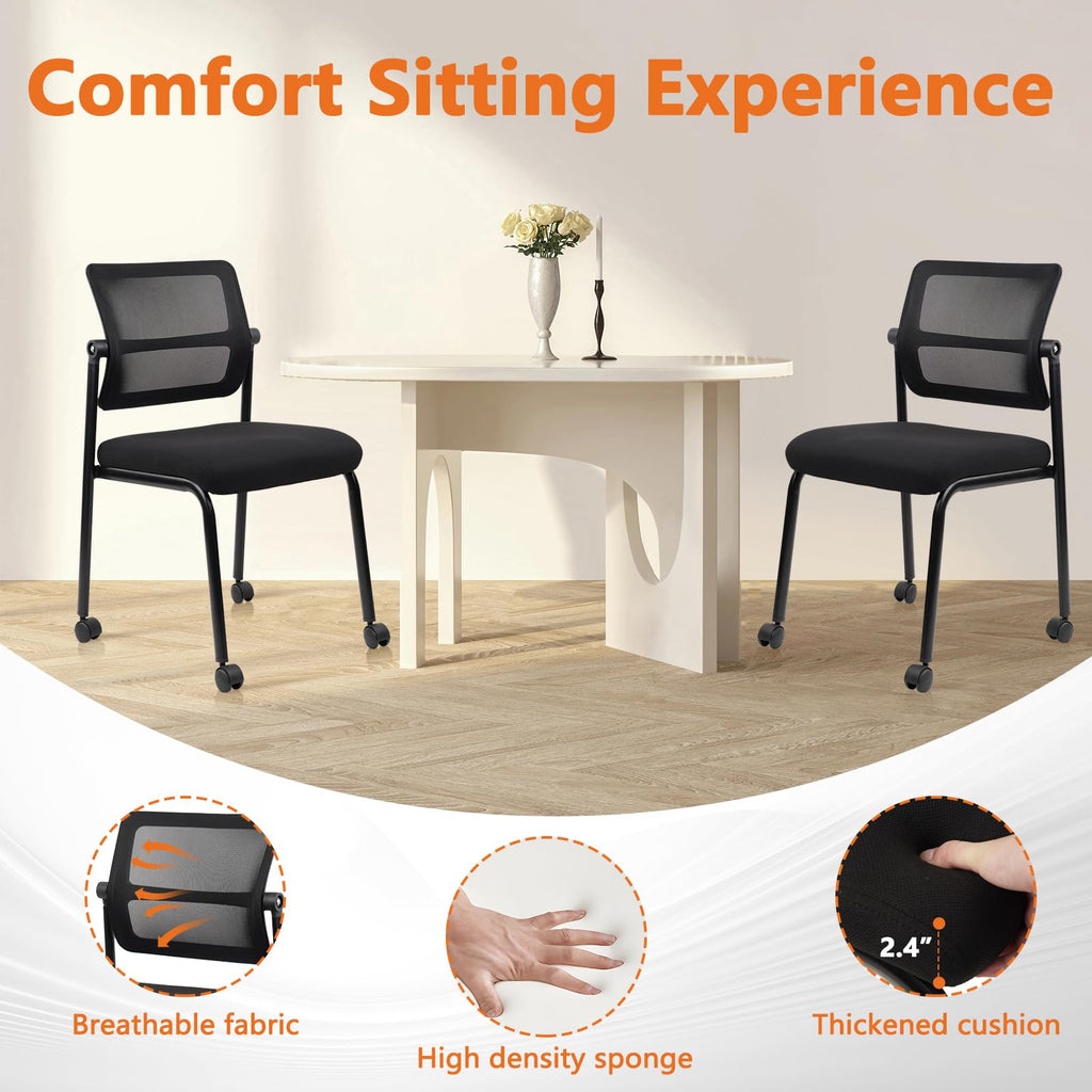 Stacking Armless Office Waiting Room Chair with Wheels, Stackable Mesh Guest Reception Desk Chairs with Adjustable Backrest for Conference Lobby Side School, Black, 4 Pack