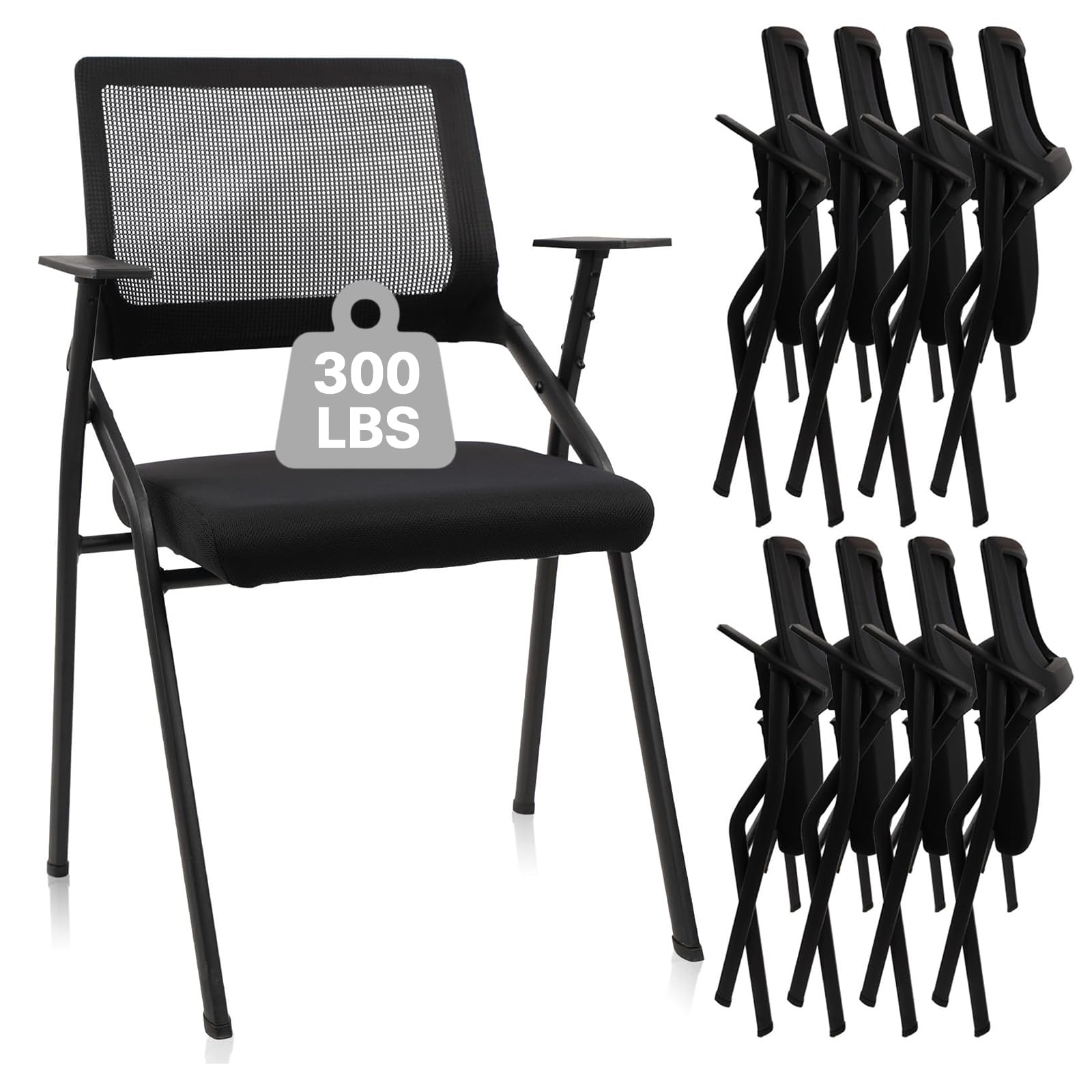 Black (8pk), Stackable & Foldable Office Chairs with Ergonomic Lumbar Support and Thickened Seat Cushion, Folding Mesh Fabric Reception Guest Chair for School Church Lobby Conference Room