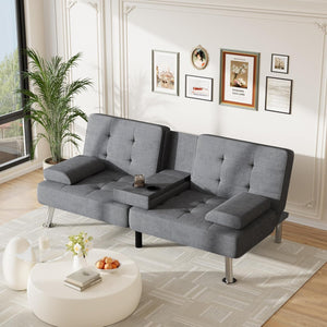 Sofa Bed Adjustable Futon Couch Sleeper Sofa Bed for Living Room, Business Office, Recliner Sofas with Cup Holders (Fabric, Gray)