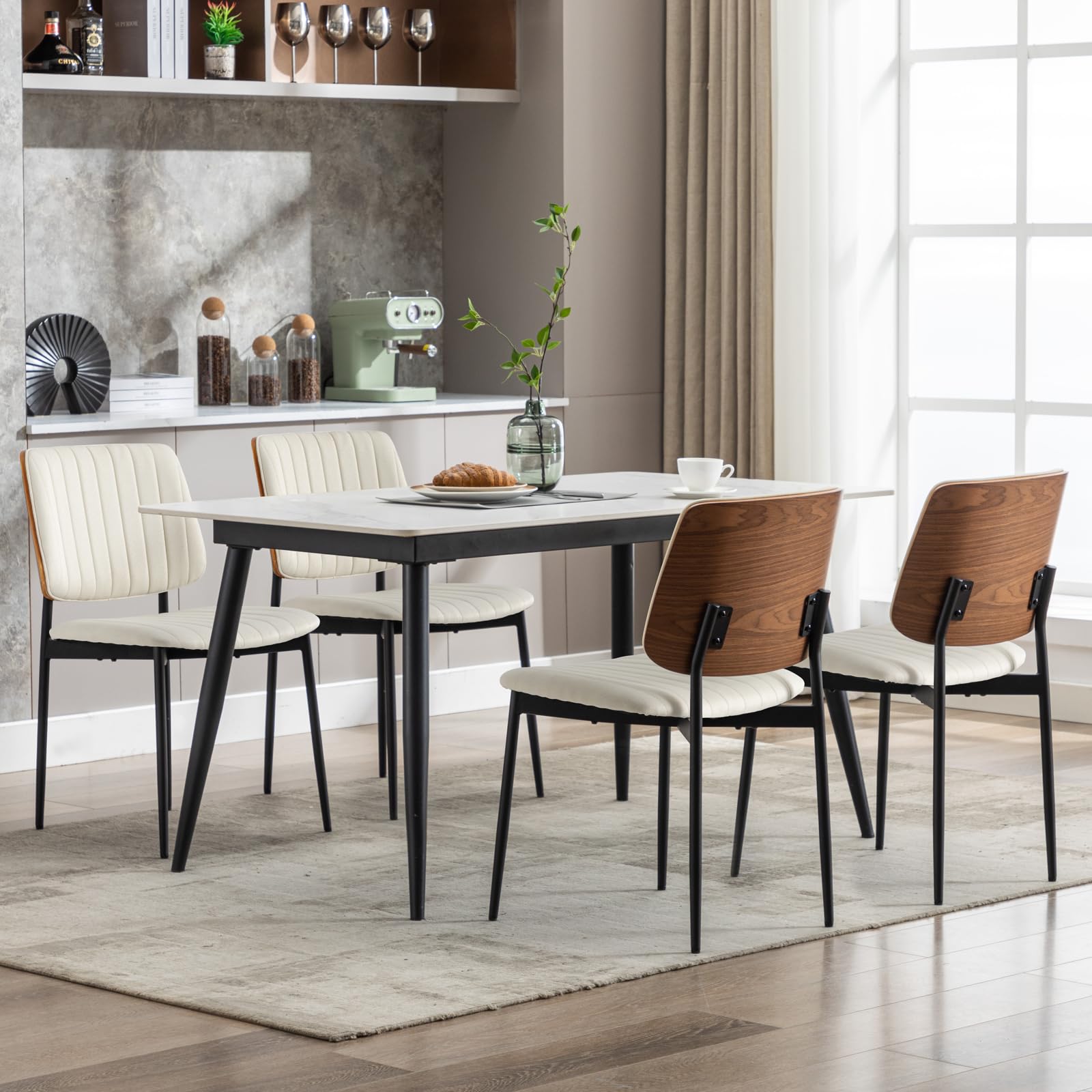 Fabric Dining Chairs Set of 4, Mid Century Modern Dining Chairs with Bentwood Backrest and Upholster Seat,Armless Kitchen Chairs with Metal Legs Adjustable Foot for Dining Room(Grey Bentwood)