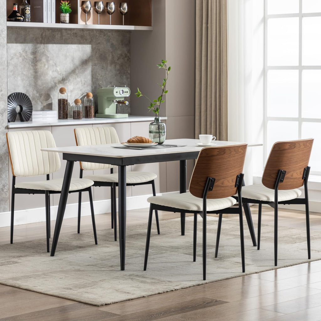 Fabric Dining Chairs Set of 4, Mid Century Modern Dining Chairs with Bentwood Backrest and Upholster Seat,Armless Kitchen Chairs with Metal Legs Adjustable Foot for Dining Room(Grey Bentwood)