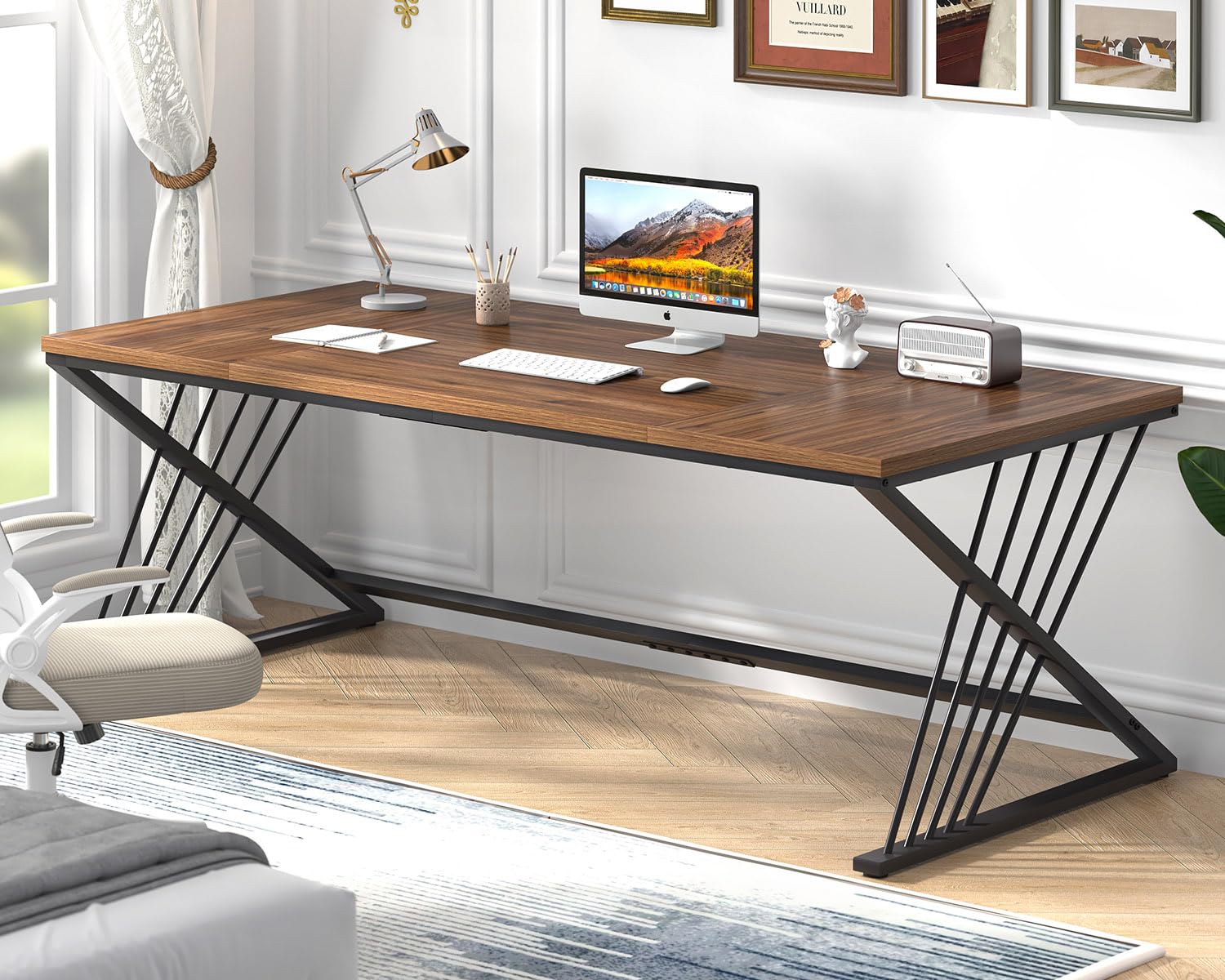 70.9" Computer Desk with Z-Shaped Legs, Large PC Desk for Home Office, Industrial Writing Desk, 2 Person Executive Workstation Study Table for Bedroom, Rustic Walnut