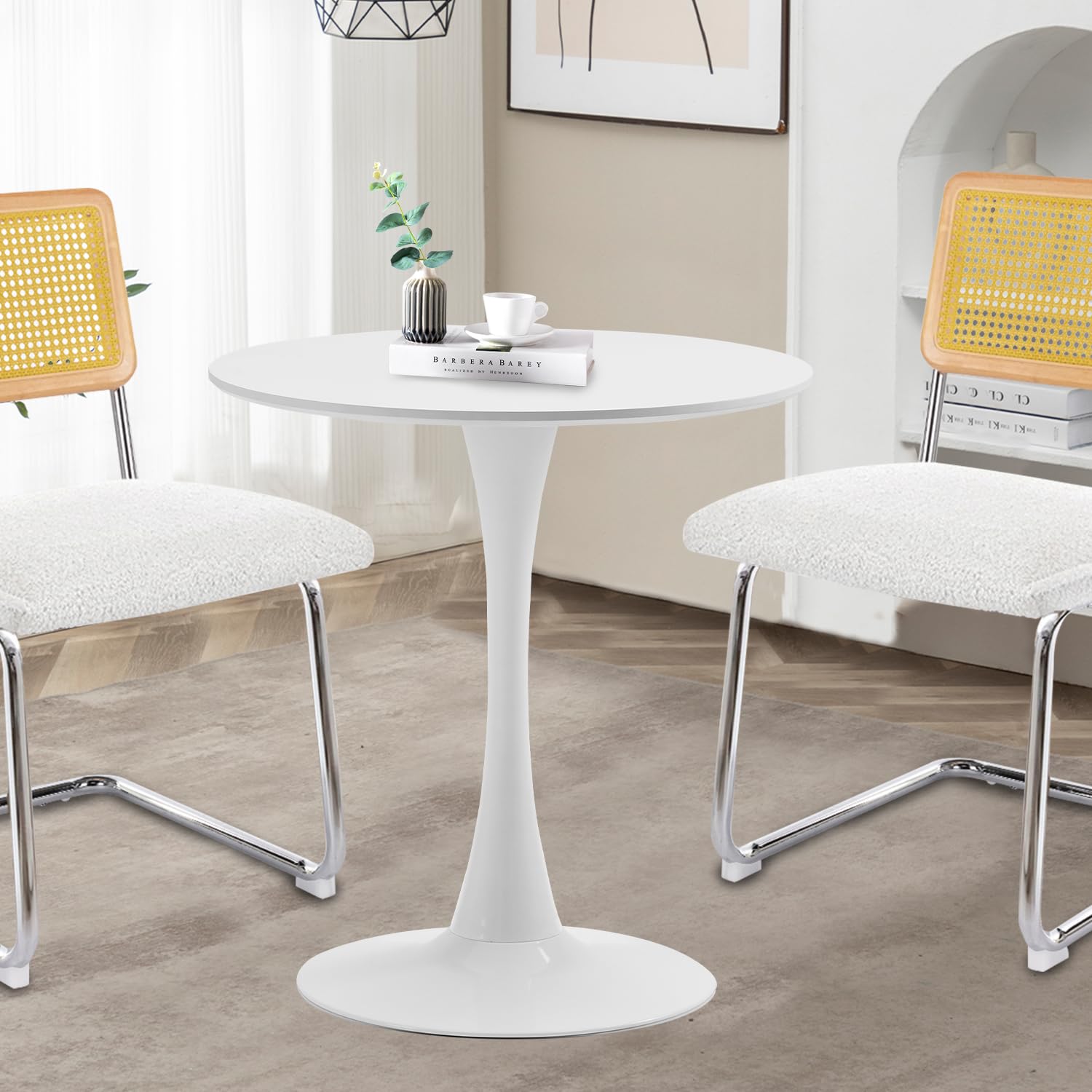 White Round Dining Table, 27.6" Tulip Table Kitchen Round Dining Table for 1-2 People with MDF Table Top and Metal Pedestal Base, Mid-Century Leisure Table for Home, Dining Room, Cafe