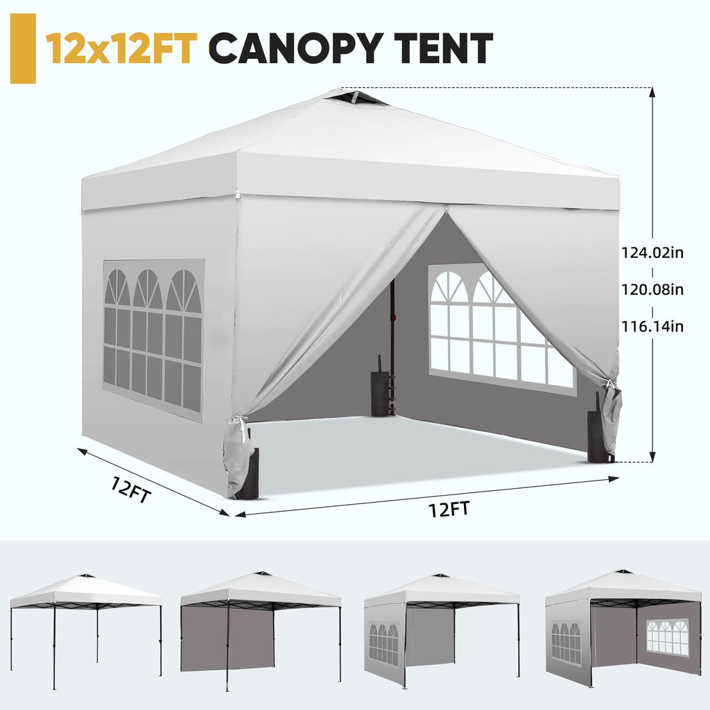 12x12 Pop Up Canopy Tent with 4 Sidewalls, Easy Set up with One Push Lift Gazebo with Wheel Bag and4 Sandbags,Carpas for Events, Parties,Camping, White.